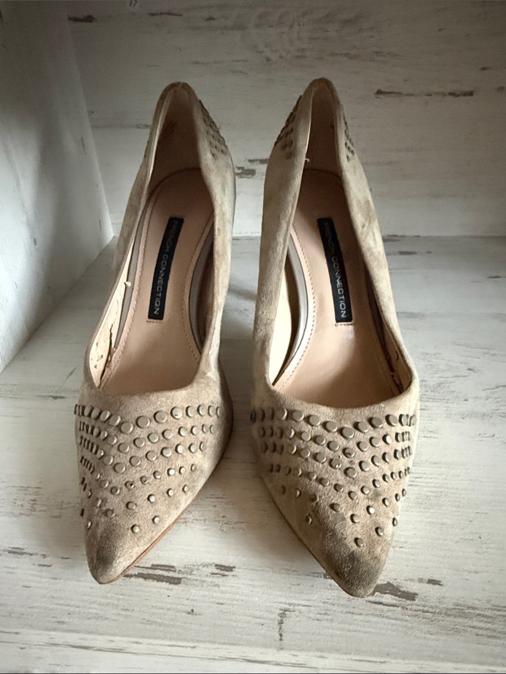 French Connection Beige Studded Pointed-Toe Pumps